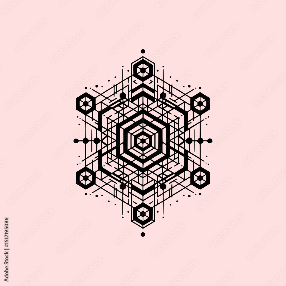 Fototapeta premium Sacred Geometric Symbol Vector Illustration with Abstract Linear Pattern and Mystical Eye on Pink Background in Modern Spiritual Style