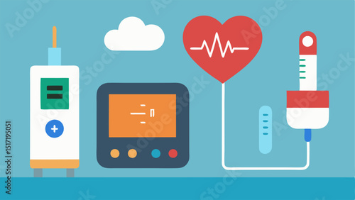 Health Monitoring Devices A collection of hightech health gadgets displayed on a countertop including a digital heart rate monitor and a skin temperature sensor.