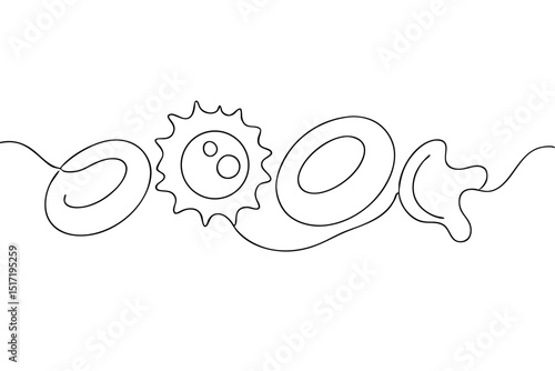 Vector one-line illustration of blood cells in minimal anatomical style — red blood cells, white blood cells, and platelets in black and white contour for medical and educational use

