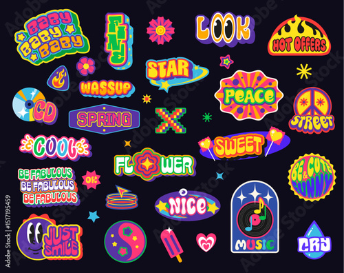 Y2k retro funky groovy stickers patch labels of vector abstract geometric shapes with cool smile emoji, trendy 90s hearts, stars and flowers. Retro hippie peace symbols, y2k candies and fire stickers