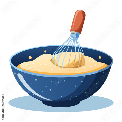 Blue Bowl of Batter with Whisk - Vector Illustration
