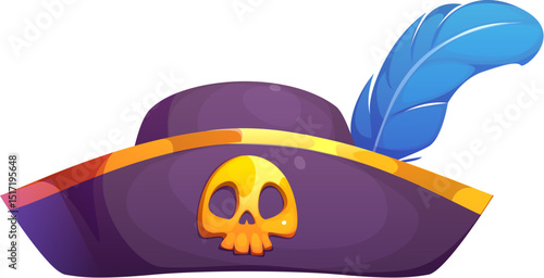 Cartoon pirate tricorn cocked hat with golden skull and blue feather. Buccaneer or filibuster costume, pirate captain or medieval sailor cartoon vector tricorne hat with golden skull and blue feather