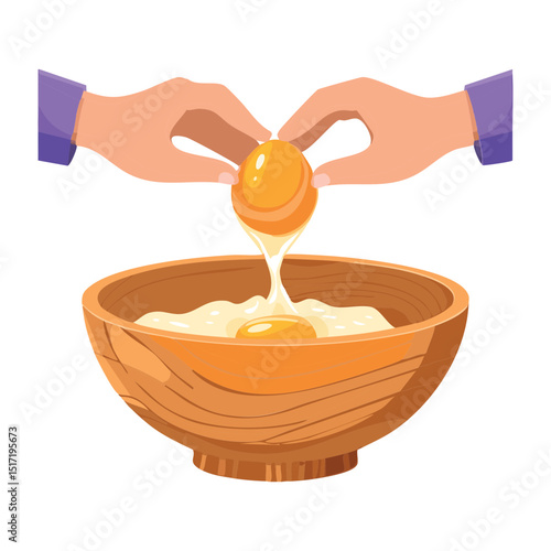 Cracking Egg into Wooden Bowl - Vector Illustration