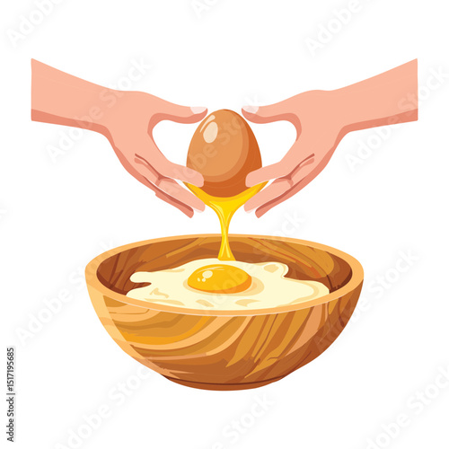 Hands Cracking Egg into Wooden Bowl - Vector Illustration