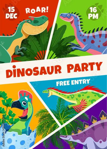 Dino party flyer with funny dinosaur characters. Vector invitation poster inviting kids to celebration or attraction designed as colorful collage with prehistoric dinosaur animals and event details