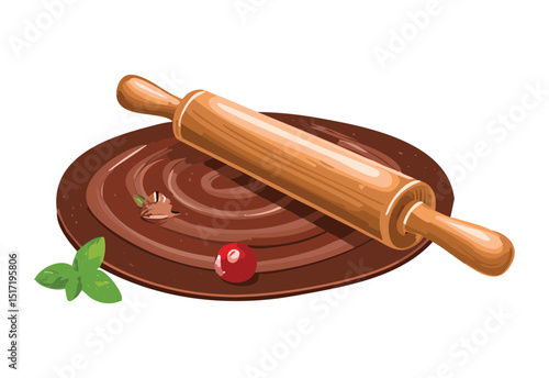 Chocolate Dough with Rolling Pin and Berries - Vector Illustration