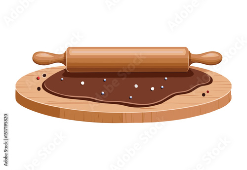 Brown Dough with Rolling Pin Baking Scene - Vector Illustration