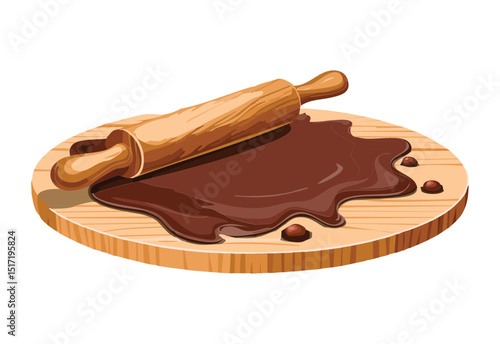 Chocolate Dough with Rolling Pin on Wooden Board - Vector Illustration