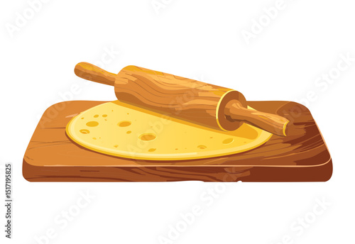 Yellow Dough with Rolling Pin on Wooden Plate - Vector Illustration