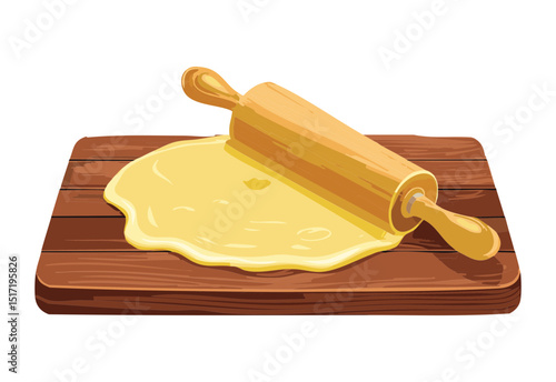 Fresh Yellow Dough with Rolling Pin - Vector Illustration