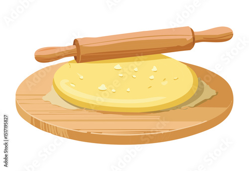 Yellow Dough and Rolling Pin on Wooden Board - Vector Illustration