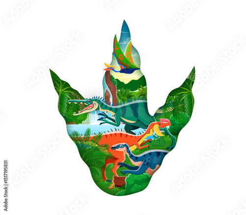 Paper cut dinosaur footprint with Jurassic lizards and prehistoric reptiles, vector poster. Dinosaur footprint frame with dino characters in jungle forest for kids encyclopedia or paleontology atlas