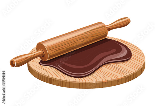 Chocolate Dough with Rolling Pin on Board - Vector Illustration