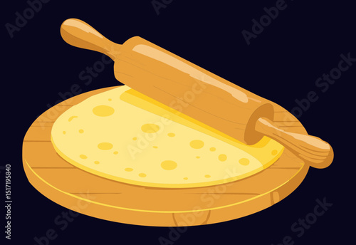Yellow Dough with Rolling Pin Dark Background - Vector Illustration