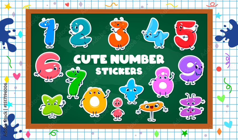 Fototapeta premium Math number cartoon characters stickers with funny faces for mathematics, vector set. Kids cartoon math characters on chalkboard for school counting and arithmetic and numerals study education