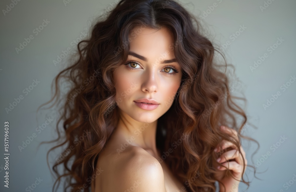 AI-generated portrait beautiful woman model with wavy brunette hair. Girl has perfect skin make-up, hairstyle, soft light background. Natural beauty concept. Beauty, fashion, hair care, cosmetology. AI-generated portrait beautiful woman model with wavy brunette hair. Girl has perfect skin make-up, hairstyle, soft light background. Natural beauty concept. Beauty, fashion, hair care, cosmetology.