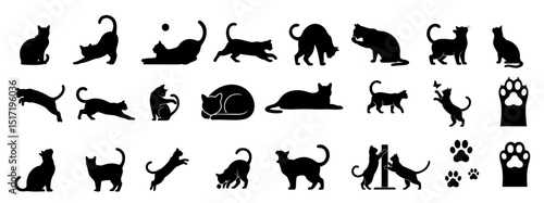 Set of black cat action silhouettes in various playful, sitting, stretching, and grooming poses, minimal 2D vector style, suitable for pet design, icon creation, and animal-themed decor