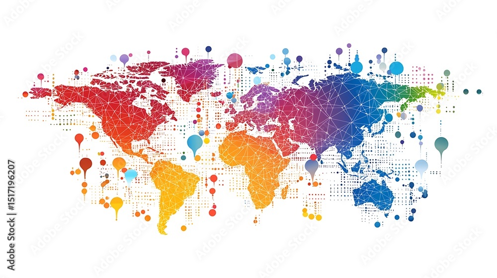 Fototapeta premium Clipart of a bubble chart where the size of each bubble represents the economic contribution of different bio-regions with a small map of the world in the background highlighting global trends