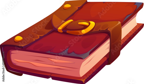 Mystical pirate diary cartoon icon. Old vector book with a worn leather cover, golden buckle and thick, aged pages, exudes secrecy and adventure maps, ancient maritime legends and hidden sea treasures