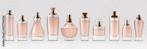 Fragrance glass bottle mockups and cosmetic spray containers, realistic vector 3D set. Perfume atomizer bottle mockups with golden cap, transparent glass sprays for luxury perfumery or cologne package