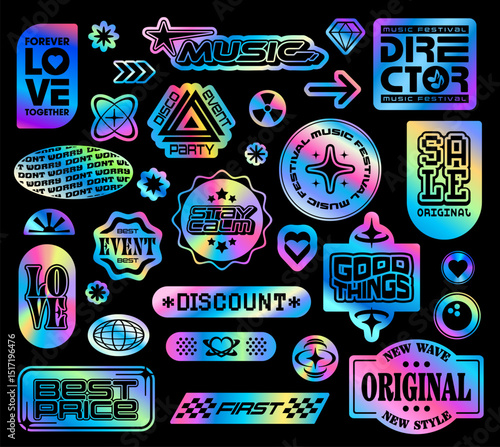 Hologram iridescent y2k groovy stickers, funky holographic patch labels with retro aesthetic shapes. Vector geometric stickers of silver metal holograms with groovy y2k stars, hearts, globes, arrows