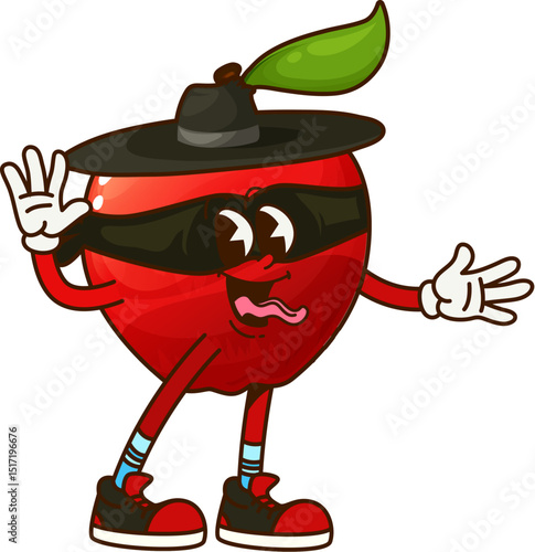 Cartoon groovy red apple fruit cowboy, sheriff, ranger and bandit character smiling with sticking tongue. Vector playful hippie fruit personage in wide black hat with leaf, mask and vintage sneakers