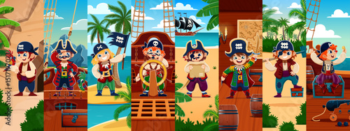 Cartoon kid pirate and corsair characters collage. Cheerful girls and boys kid pirate captain, sailor vector personages reading treasure map, waving Jolly Roger, playing with parrot and steering ship
