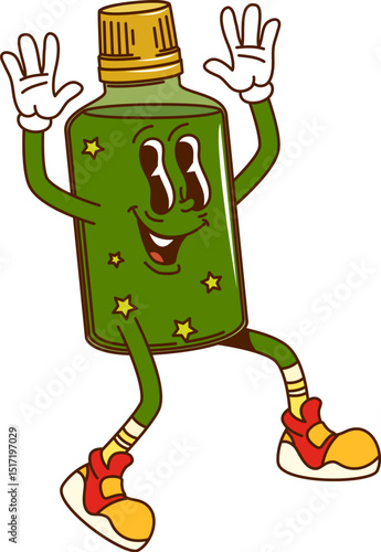 Groovy mixture bottle character. Medical prescription drug container cartoon funny character. Pharmacy mixture, remedy or tincture bottle isolated groovy vector retro happy personage or mascot