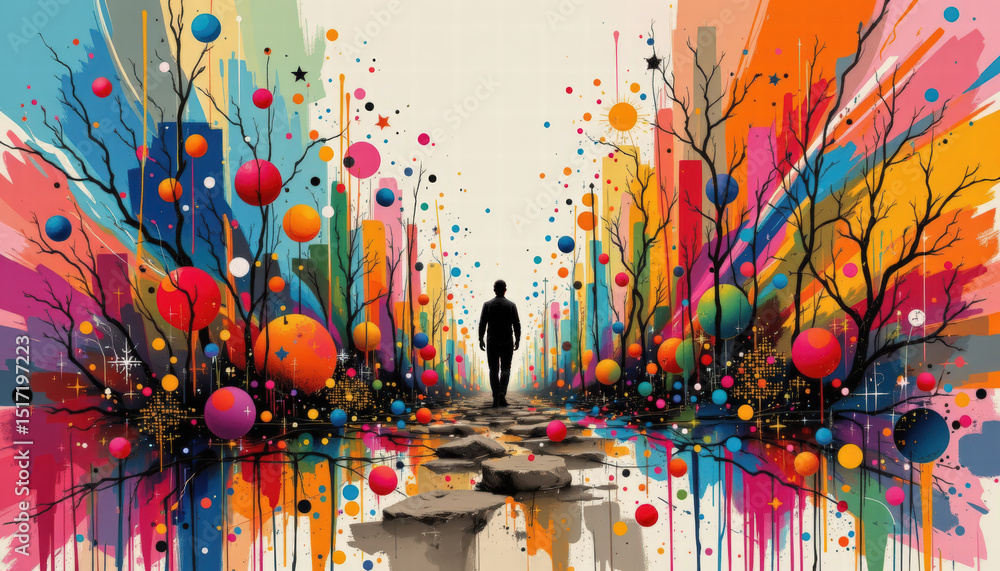 Obraz premium Vibrant artistic representation featuring silhouette walking through colorful landscape filled with abstract shapes and vivid colors, evoking sense of wonder and exploration