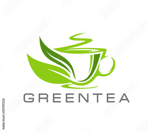 Green tea icon of leaf and cup with hot steam for herbal drink package, vector symbol. Natural green tea icon of leaves and teacup for Chinese or Japanese green tea and hot drink beverage label