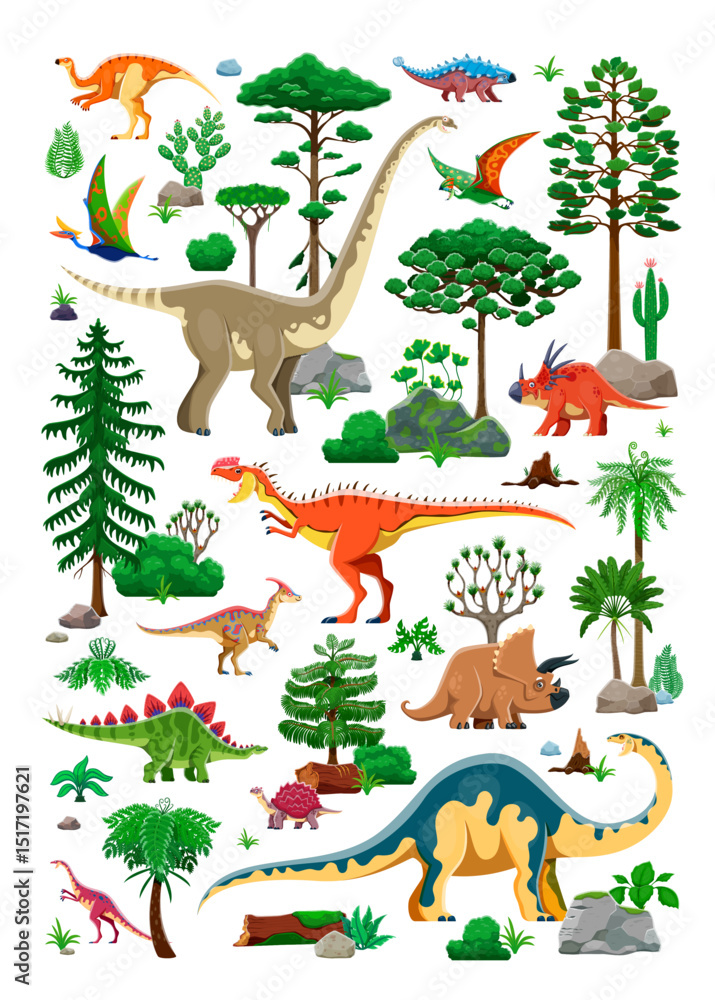 Prehistoric era plants and dinosaur characters landscape vector background. Cartoon jurassic dino animals with jungle forest trees and succulents, funny stegosaurus, triceratops, tapejara dinosaurs Prehistoric era plants and dinosaur characters landscape vector background. Cartoon jurassic dino animals with jungle forest trees and succulents, funny stegosaurus, triceratops, tapejara dinosaurs