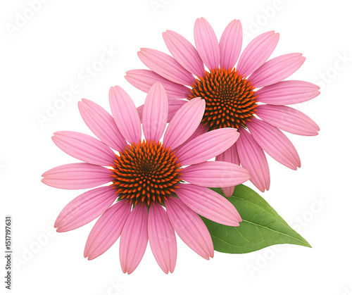Two Pink Echinacea (Coneflower) Flowers with Leaf Isolated
