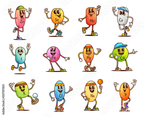 Cartoon groovy vitamin and micronutrient characters of retro hippie pills and capsules. Cute psychedelic food supplement vector personages of groovy zinc, calcium and magnesium vitamin pill characters