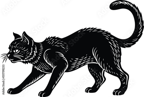 Aggressive Black Cat Silhouette Vector, Hissing Scared Feline Illustration