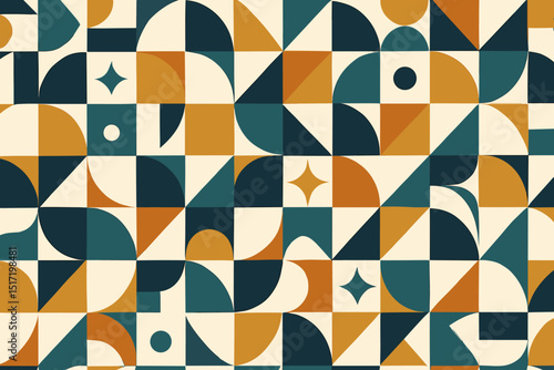 Abstract geometric pattern in warm tones with shapes and symbols  