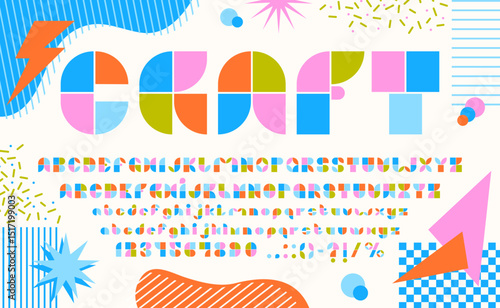 Font, geometric typeface of 80s and 90s type for decorative English alphabet, vector letters. Abstract geometric font with colors and shapes craft typeface for retro trendy mosaic figures type font