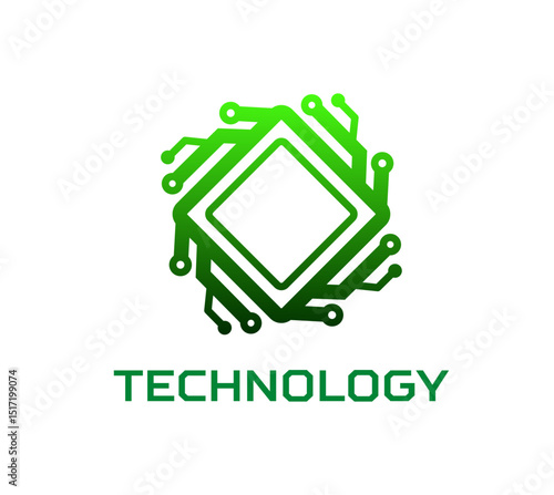 Computer chip icon for AI technology and artificial intelligence digital tech, vector computer chipset. Green computer chip icon for internet technology, AI chatbot application and digital company