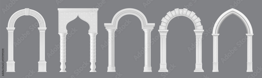 Naklejka premium Realistic arches and pillar gates of palace or white marble archway, vector set. Castle and palace white marble arches, realistic Medieval palace archway or antique Greek, Roman and Arabian columns