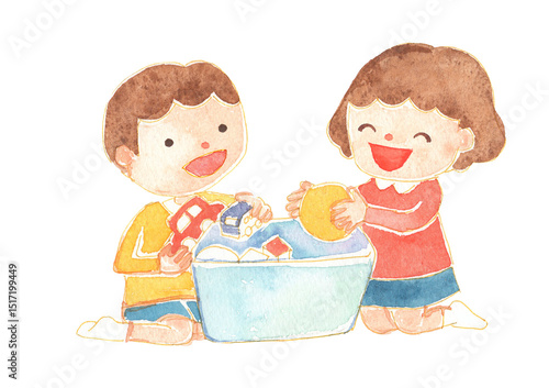 水彩風　おもちゃを片付ける子どものイラスト　保育・知育素材