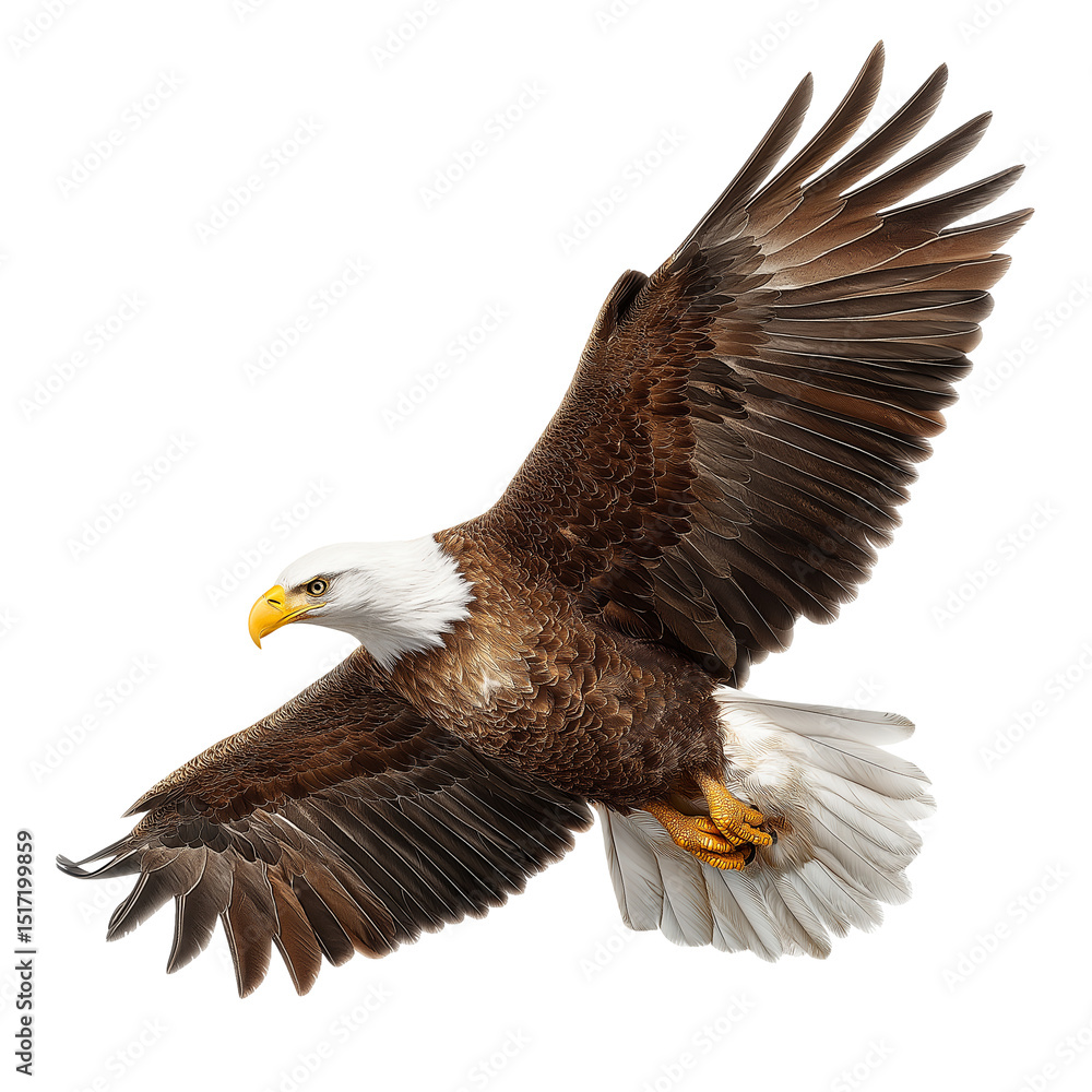 Obraz premium Bald eagle flying with wings spread isolated on white background