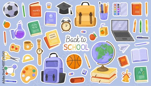 Back to school collection, stickers, cute illustrations on blue background. Set of school supplies. Globe, backpack, books, watches, notebooks, pencils, laptop.