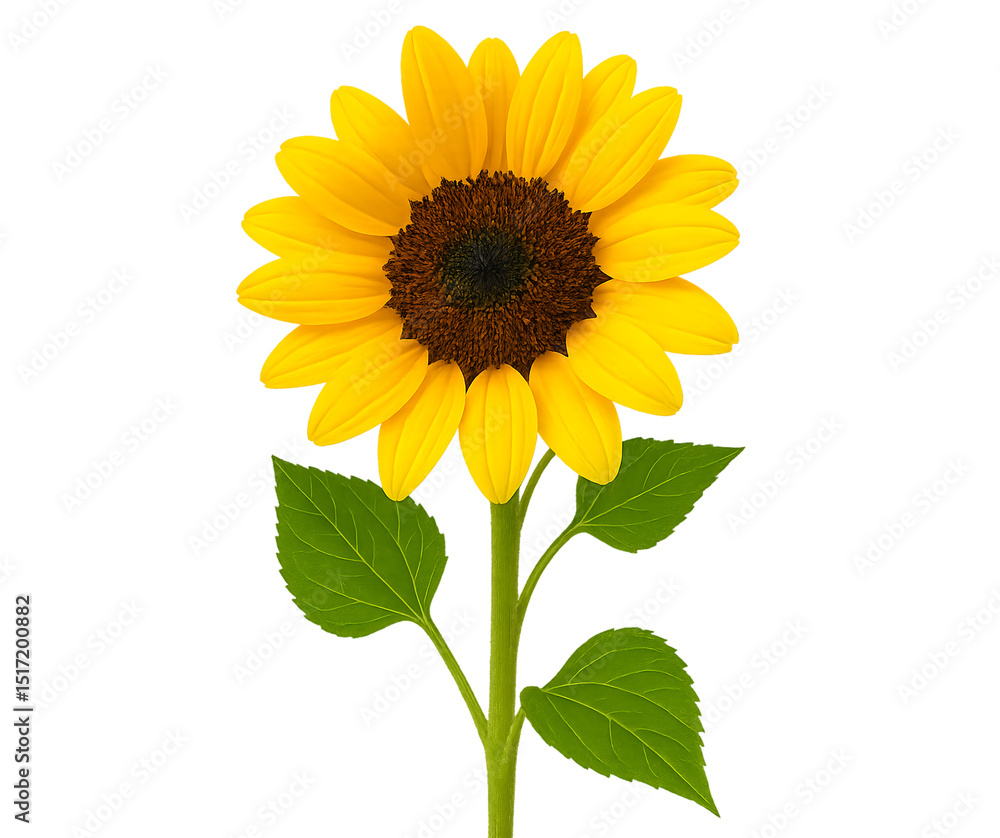 Fototapeta premium Bright Yellow Sunflower Plant with Stem and Leaves Isolated