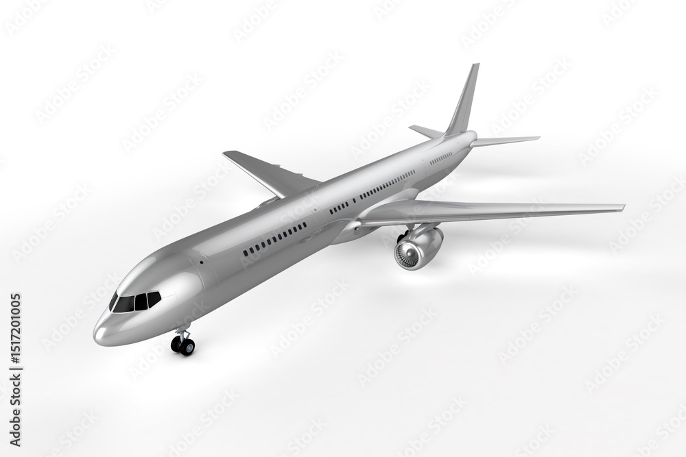 A silver airplane model displayed on a white background with visible engines and landing gear down A silver airplane model displayed on a white background with visible engines and landing gear down