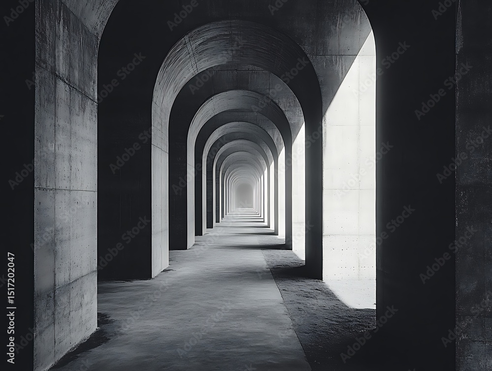 Obraz premium Monochromatic perspective featuring a rhythmic array of concrete arches and columns