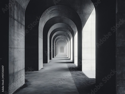 Monochromatic perspective featuring a rhythmic array of concrete arches and columns