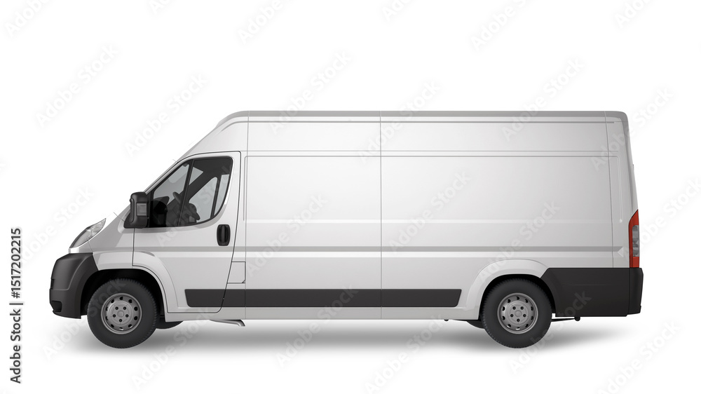 A side view of a white delivery van with black accents on a plain white background showing tires A side view of a white delivery van with black accents on a plain white background showing tires