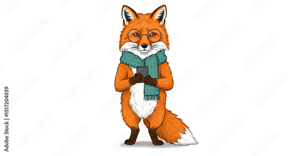 Obraz premium A fashionable cartoon fox standing upright, wearing round glasses, a cozy scarf, and holding a smartphone.
