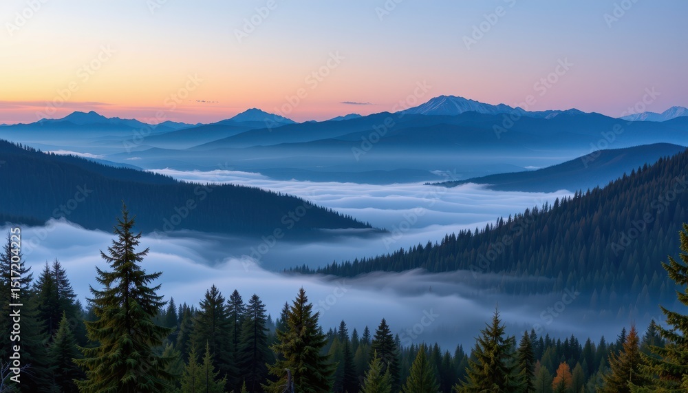 Fototapeta premium Majestic Sunrise over Misty Mountain Ranges Serene Landscape View with Coniferous Forest