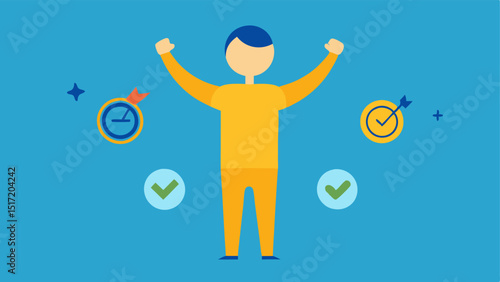 Goal Tracking An illustration of a person standing triumphantly with their arms raised with visual milestones and achievements displayed above their head showing progress towards