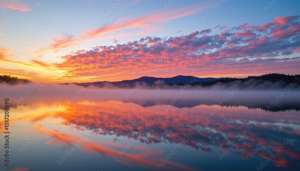 Fototapeta premium Serene Sunrise over Misty Lake Breathtaking Colorful Sky Reflected in Calm Water